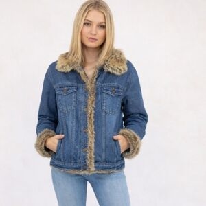 Vtg Y2k Denim Jean Jacket Faux Fur Trim Penny Lane Vibes Sz M